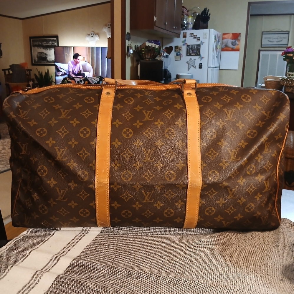 Louis Vuitton Brown Monogram Travel Duffle with Tan Leather Trim Keepall 50
